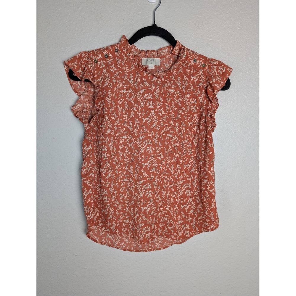 LOFT Blouse Womens XS Orange Floral High Neck Flutter Sleeve Ruffle Button